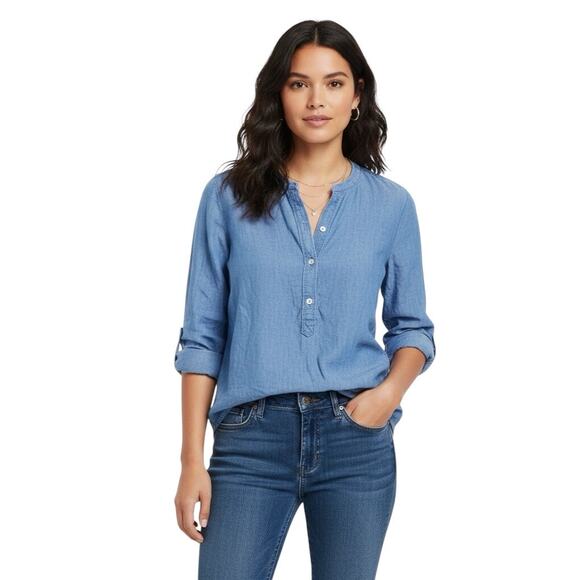 LOFT The Softened Shirt Cotton Lyocell Womens XS Blue Chambray Coastal Feminine - Picture 1 of 6
